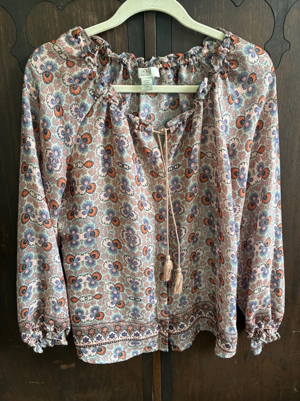 Vintage America Lavender Floral Peasant Blouse with Rust and Cream Accents Sz L